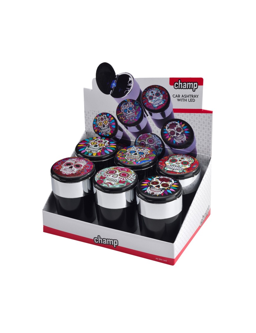 Cendriers de voiture avec LED "CHAMP SKULL" - Display de 6 - 7.6cm -